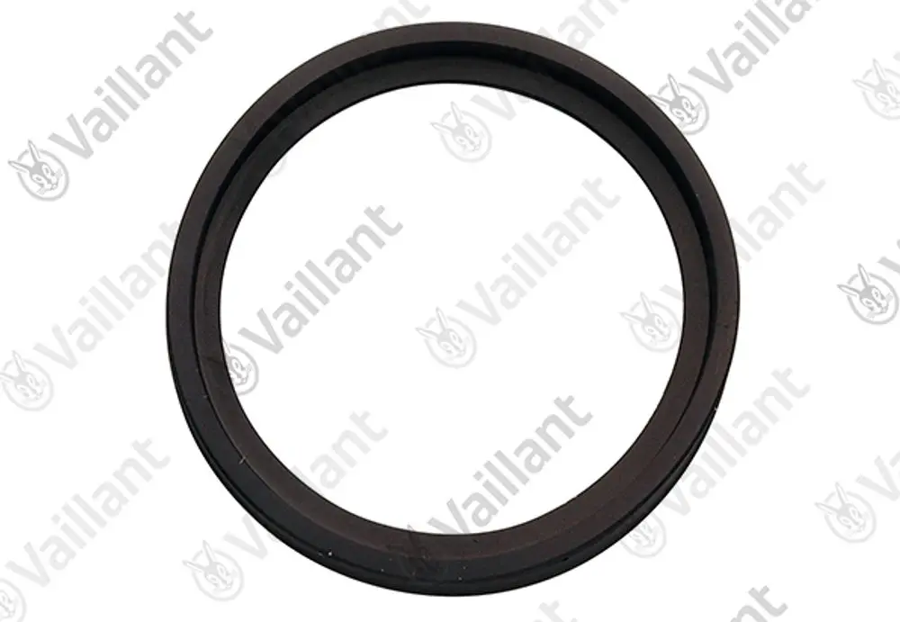Schwarzer Dichtring auf weißem Hintergrund. Der Ring hat eine runde Form und wurde von der Marke Vaillant hergestellt. Geeignet für Adapterverbindungen.
